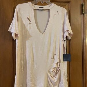 Hippie Chic Jrs. Pink/Champagne Distressed Women's‎ V-Neck Tee, NWT, Size XL